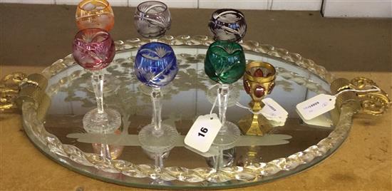 Venetian glass tray and 7 coloured liqueur glasses